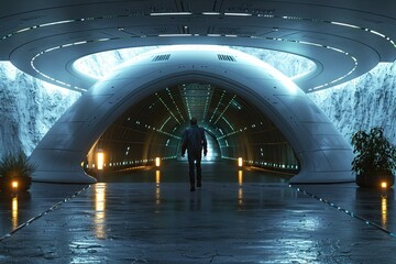 Poster - A man walks through a tunnel in a futuristic setting