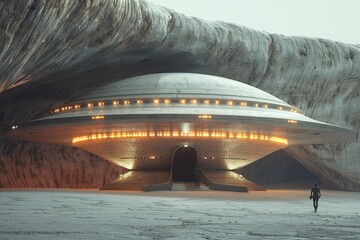 Poster - A man is walking in front of a large, white, alien-like spaceship