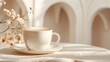 © Elle Arden  - A cup of coffee sitting invitingly in a large elegant room with creamy beige color tones and large arches.