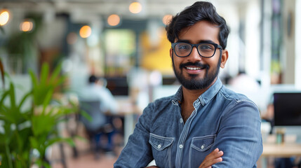 Poster - portrait of an Indian software engineer standing in modern office looking at camera, tech worker