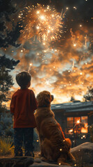 A boy and his dog watching fireworks together. 