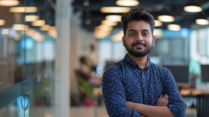 Poster - portrait of an Indian software engineer standing in modern office looking at camera, tech worker