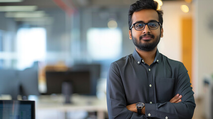 Poster - portrait of an Indian software engineer standing in modern office looking at camera, tech worker