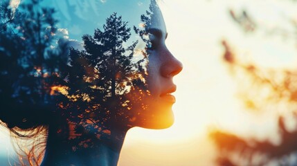 The closeup double exposure picture between young adult beautiful female caucasian human and bright beautiful nature in the morning or evening that the picture stand for peaceful of the life