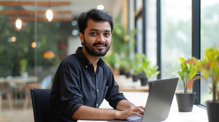 Poster - portrait of an Indian software engineer or web developer working on laptop in modern office looking at camera, tech worker