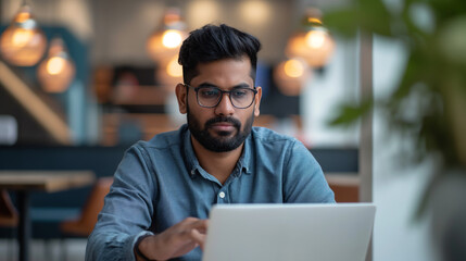 Wall Mural - portrait of an Indian software engineer or web developer working on laptop in modern office looking at camera, tech worker