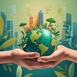 © Rendy Dastian - Hand holding global earth with green plant and building, sustainability development