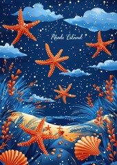 Wall Mural - Digital artwork of starfish and seashells in a vibrant underwater scene with text 
