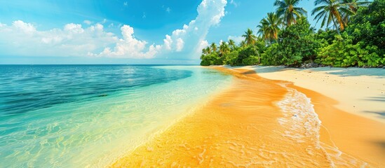 Wall Mural - Beautiful tropical island beach scenery with yellow sand, turquoise blue waters, and sunny skies - ideal for your summer getaway and travel promotions
