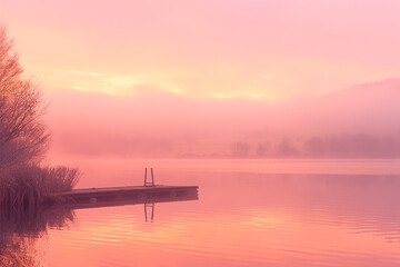 Wall Mural - A lakeside at dawn with a soft pink and orange sky, representing a state of gentle awakening and hope.
