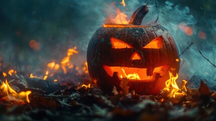 Wall Mural - Haunted Halloween: Spooky Pumpkin Burning in Graveyard with Ghostly Nightmares