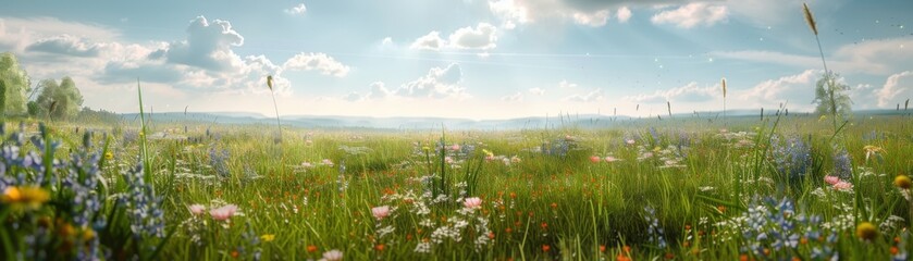 Wall Mural - A field of flowers with a bright blue sky in the background