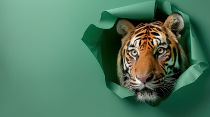 Wall Mural - Curious tiger peeking out of green paper with hole, wildlife safari exploration concept nature closeup portrait wildlife trip wildlife journey portrait