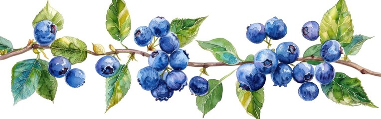 Wall Mural - Blueberry Branches: Close-Up Watercolor Illustration Painting on White Background