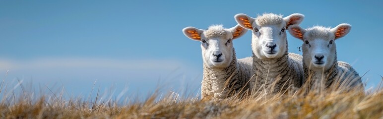 Wall Mural - Sheep eating grass with a view of a wide meadow