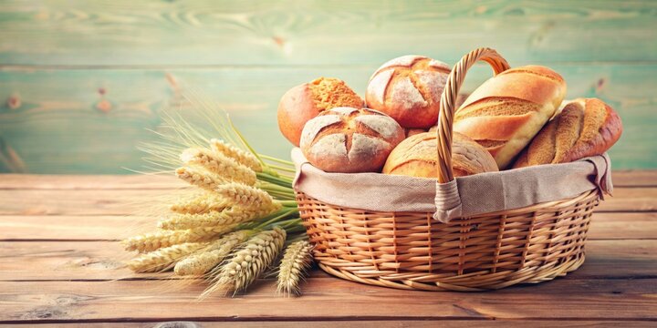 Delicious baked bread in basket on table