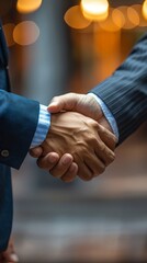 Close-up image of a handshake between two business professionals in formal attire, capturing a moment of agreement, partnership, or successful negotiation