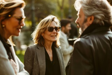 Sticker - Group of business people walking in the city. Focus on middle aged woman