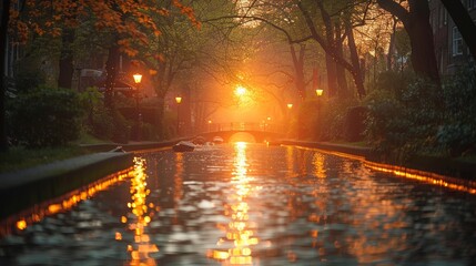 Wall Mural - A calm waterway at dusk with glowing streetlights and a bridge set against a backdrop of lush greenery and a radiant sunset sky