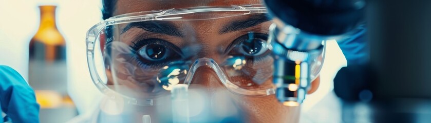 Wall Mural - Intense Focus: Scientist Analyzing Samples Under Microscope with Safety Gear