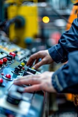 Wall Mural - Precision in Motion: Mechanical Engineer's Hands Operating Machinery Controls in Industrial Factory Setting