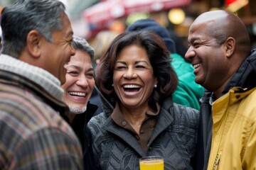 Wall Mural - Group of friends laughing and drinking beer in a pub or restaurant.