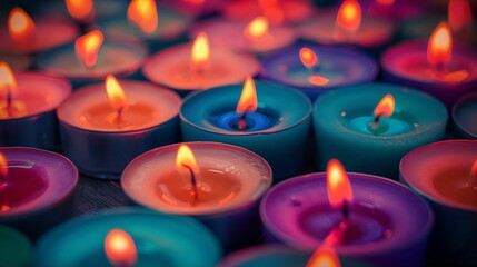 Colorful tealight candles burning with soft flames.