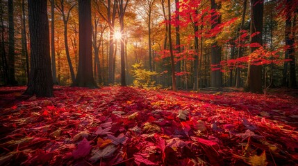 Wall Mural - Autumn forest with sun shining through colorful foliage.