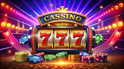 Casino 777 banner slots machine winner, jackpot fortune of luck. 3d illustration