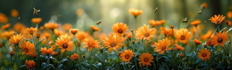 Orange Daisies with Bees in a Sunny Meadow
