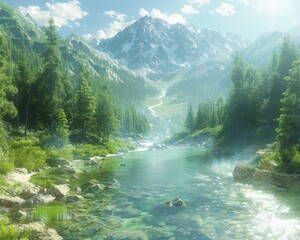Wall Mural - Stunning Mountain Landscape with Crystal Clear River, Forest, and Majestic Peaks Under Bright Blue Sky with Fluffy White Clouds