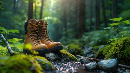 Hiking Boots Resting in a Lush Forest