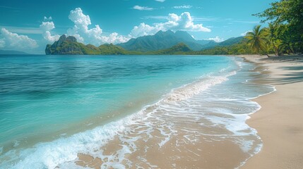 Tropical beach with palm trees and calm ocean waves, under a bright blue sky with scattered clouds. Perfect for travel and vacation themes