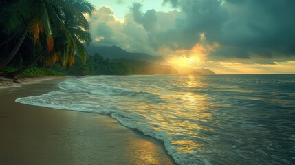 Wall Mural - Tropical beach with palm trees and calm ocean waves, under a bright blue sky with scattered clouds. Perfect for travel and vacation themes