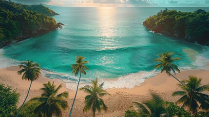 Wall Mural - Tropical beach with palm trees and calm ocean waves, under a bright blue sky with scattered clouds. Perfect for travel and vacation themes