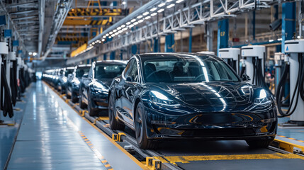 Poster - fully assembled modern electric cars at manufacturing facility, EV cars assembly line 
