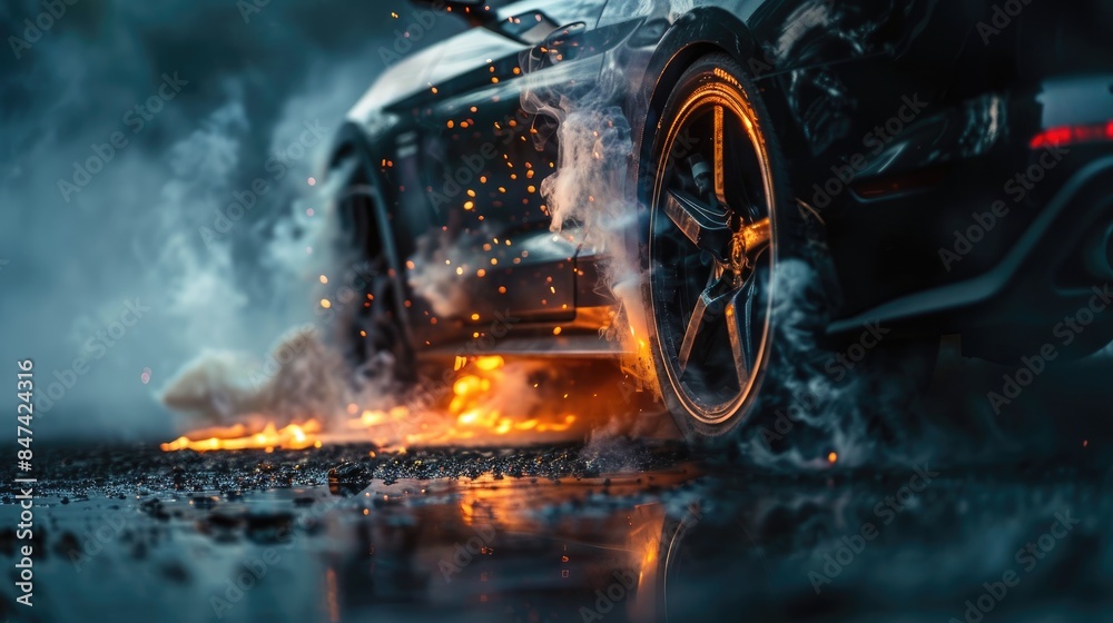 A car is shown with smoke and fire coming out of its wheels, Elegance ...