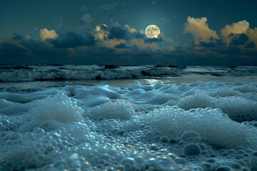Wall Mural - A peaceful with the moonlight illuminating the sea foam, evoking a sense of calm and relaxation.