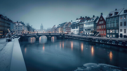 Canvas Print - Night view of a city with a bridge over a river reflecting lights