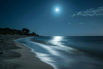 Wall Mural - A peaceful beach at night with the moonlight casting a silver glow, symbolizing tranquility and dreams.