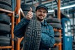 © SHOTPRIME STUDIO - Man holding tire giving thumbs up in front of tire rack in automotive store for business trip maintenance