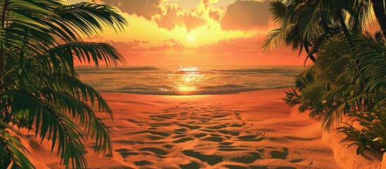 Sticker - Tropical sunset beach scene with sand, palm trees, and room for text.