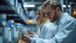 © porpia - Two scientists in lab coats analyze samples on shelves, focusing on research and data collection in a modern laboratory setting.