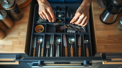 Wall Mural - Detailed top view of housewife hands arranging cutlery in a drawer, implementing the Konmari method for a tidy and organized kitchen, captured during general cleaning