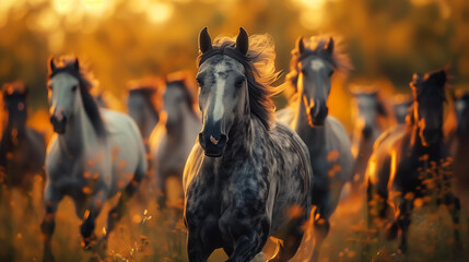 wild horses running fast, sunrise or sunset, landscape with animals, dawn or dusk. wall art poster p