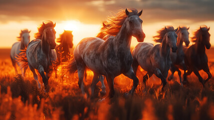 Wall Mural - wild horses running fast, sunrise or sunset, landscape with animals, dawn or dusk. Wall Art Poster Print Design for Home Decor, Decoration Artwork, High Resolution Wallpaper & Background for Computer