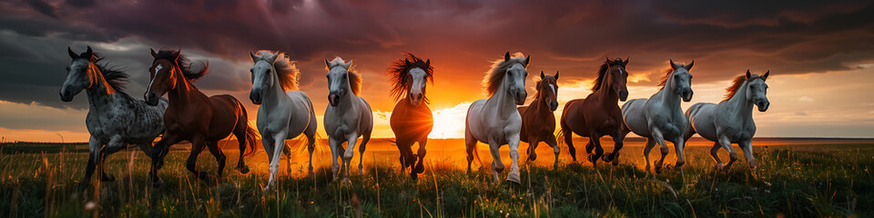 Wall Mural - horses running, sunrise or sunset, landscape with animals, dawn or dusk. Wall Art Poster Banner Print Design for Home Decor, Decoration Artwork, High Resolution Wallpaper & Background for Computer