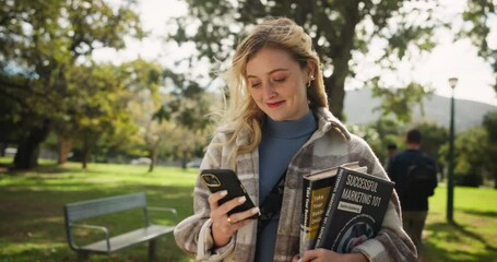 Aufkleber - Woman, student and walking with phone in nature for outdoor communication, social media or reading. Female person in stroll with books on mobile smartphone for online learning or education at park