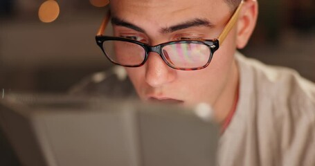Poster - Tablet, surprise and business man reading online for info, project and shock in startup closeup at night. Wow, technology and creative copywriter on blog, article and research news on work deadline