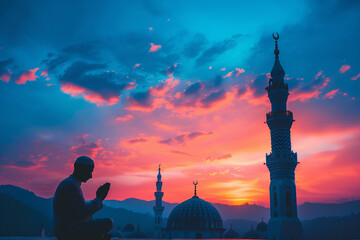 Wall Mural - Ramadan Kareem background with prayer and mosque dome at twilight dusk, depicting a Muslim man making a supplication, symbolic for Islamic religion and holidays.